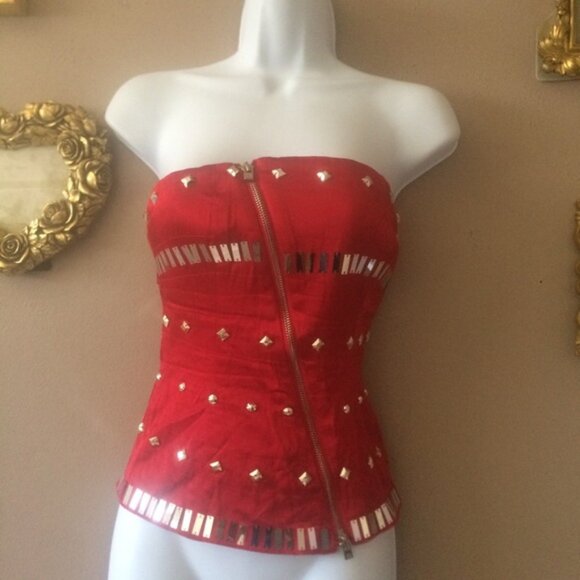 Y2K BEBE TRAPUNTO CORSET BUSTIER RED SATIN TUBE TOP SZ XXS NEW STUDDED SATEEN - Picture 12 of 14